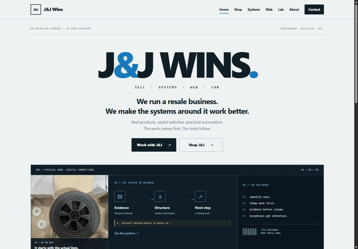 Desktop view of this J&J Wins website