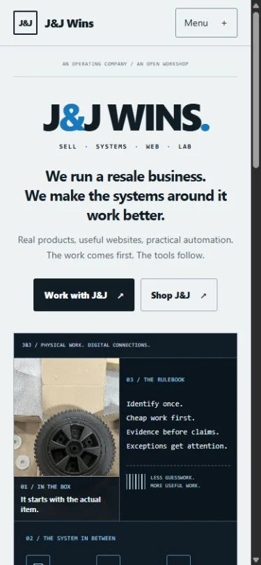 Mobile view of this J&J Wins website